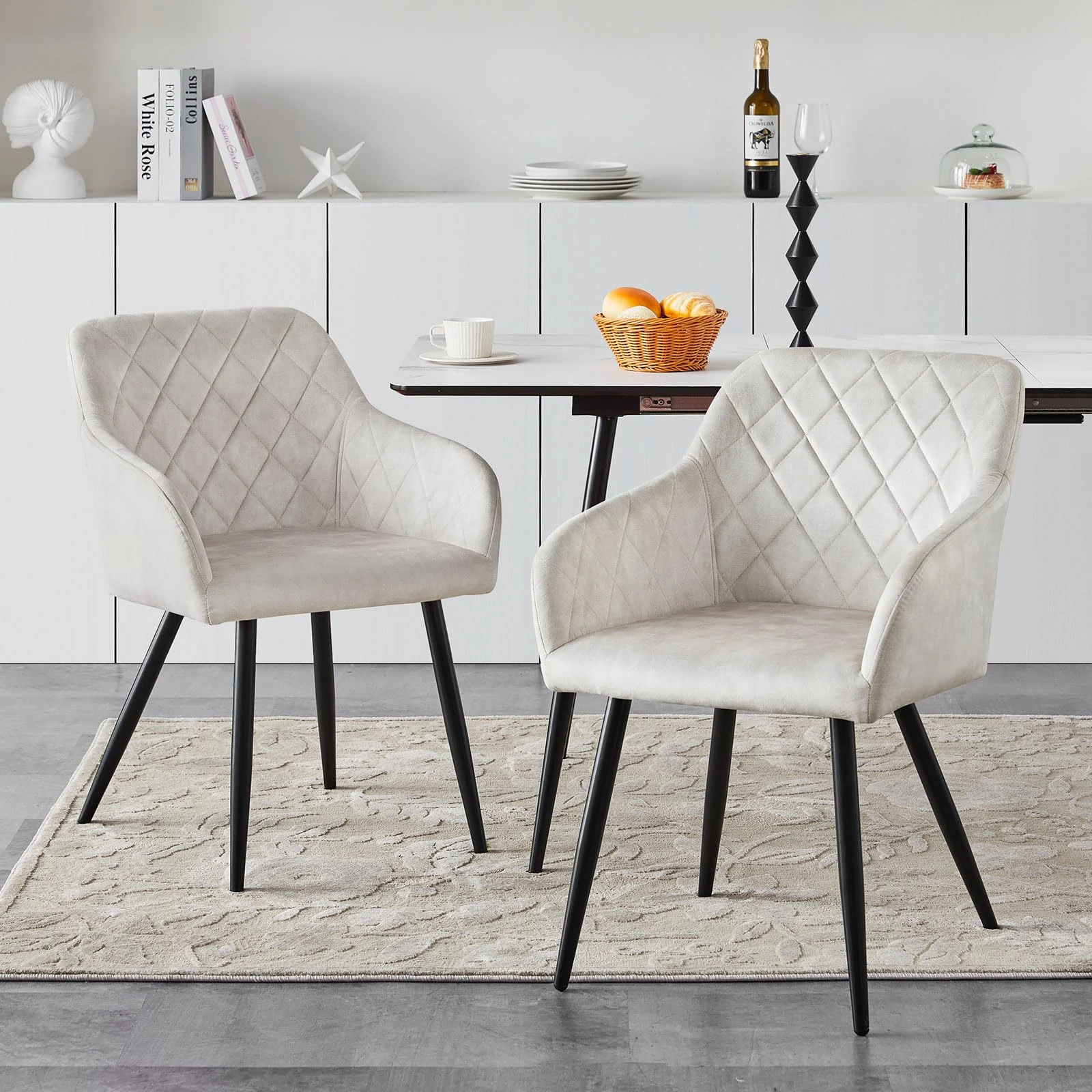 CLIPOP Dining Chairs Set of 2 Velvet Kitchen chairs Upholstered Seat with Backrest, Armrest and Metal Legs, Living Room Corner Chairs for Home Bedroom, Office (2, dark cream)