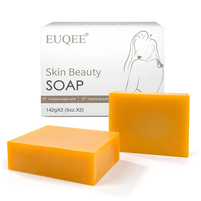 EUQEE Turmeric Kojic Acid Soap Bar - Vitamin C, Retinol & Collagen Infused for Skin Brightening, Acne Reduction & Dark Spot Removal | Coconut Oil & Tea Tree Oil | Foaming Net Included (2x142g)