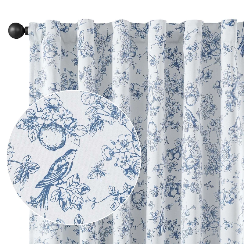 Vangao Blue 100% Blackout Curtains for Bedroom 84 Inch Length, Country Flower Floral Curtains for Living Room Toile Cottagecore Thermal Insulated Window Drapes, 2 Panels Blue and White