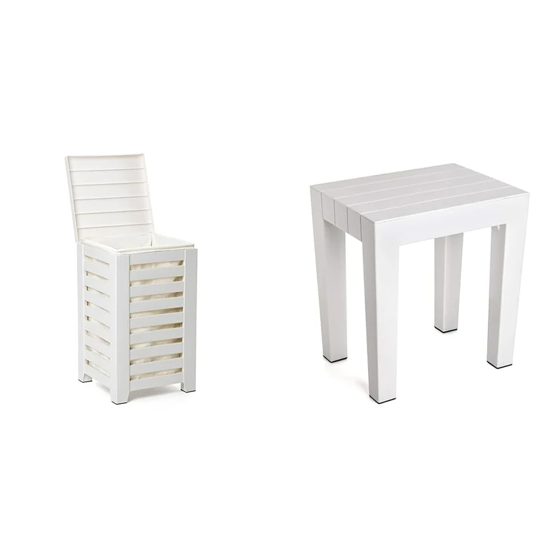 TATAY Lombok cesto para la ropa, 55L de capacidad, con tapa, color blanco. + Rectangular Bench made of White Textured Polypropylene, with Wood Effect Finish.
