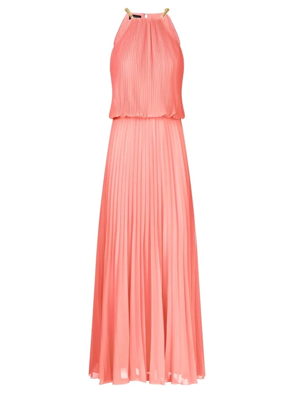 Apart Pleated Dress in Halterneck Style, Coral, 8