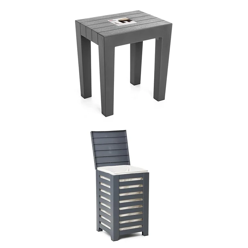 TATAY Lombok Clothes Basket, 55L Capacity, with Lid, Color: Grey. + Rectangular stool made of textured polypropylene bgris, with wood effect finish.
