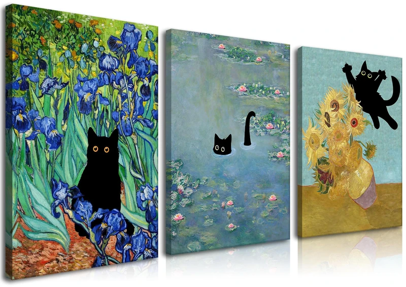 Monet Wall Art Set of 3 - Funny Cat in Water Lilies Canvas Paintings Prints, Van Gogh Sunflower Cat Aesthetic Pictures for Room Bedroom Living Room Bathroom 40x60cm Framed