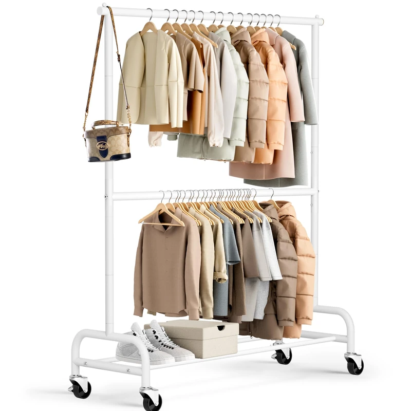 MISSLO Heavy Duty Clothing Racks for Hanging Clothes Rack Double Rod Garment Rack Rolling Closet Wardrobe Rack on Wheels, Metal, Adjustable (White)