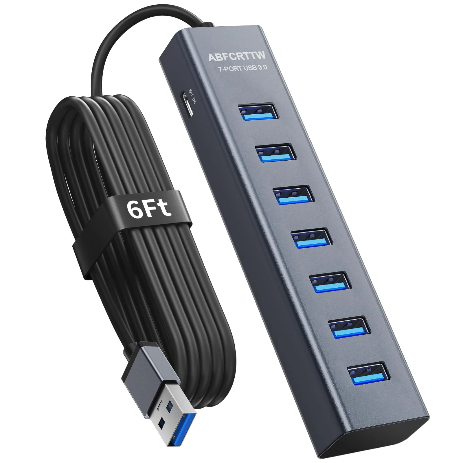 7-Port USB HUB 3.0 with 180 cm Cable for Desktop, Aluminium USB HUB 5Gbps USB Splitter Multiport Adapter, USB Splitter with 5V 3A Type-C Port for PC, Laptop, MacBook, U-Disk, Mouse