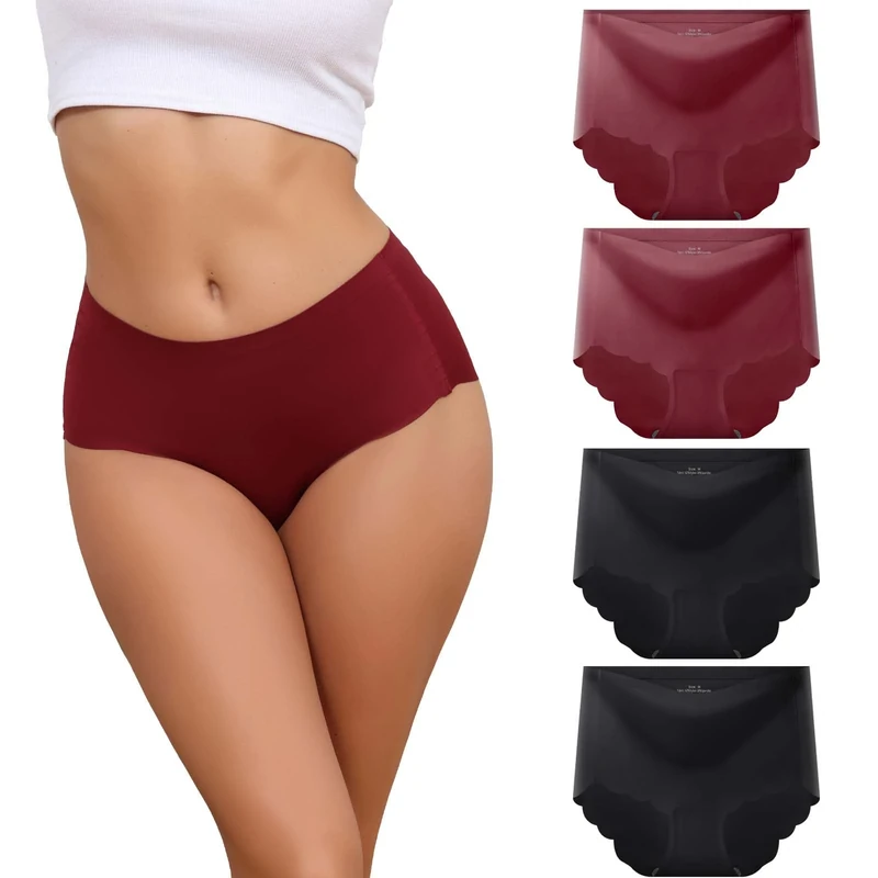 Dumwis Underwear Women Seamless Knickers for Women High Waisted Knickers No Vpl Underpants Invisible ladies pants Hipster Briefs Pack Of 4(S-3XL) Wine