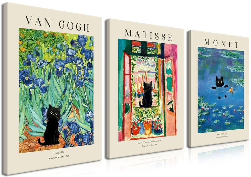 Monet Wall Art Set of 3 - Van Gogh Black Cat Flower Field Canvas Paintings Prints, Matisse Abstract Black Cat Aesthetic Pictures for Room Bedroom Living Room Bathroom 16x24 in Framed