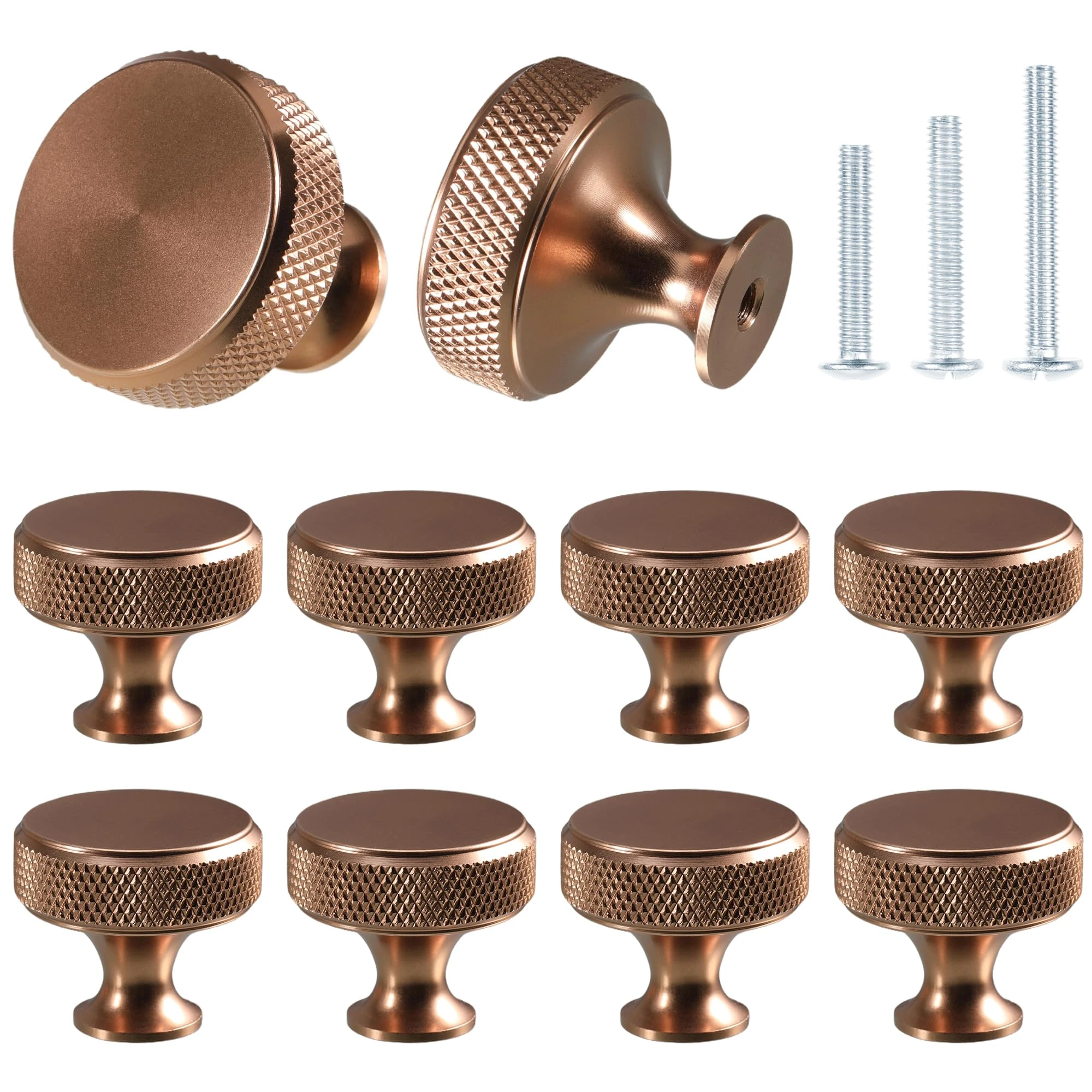 sdhiiolp 10 Pcs Cabinet Knob Matte Champagne Bronze Gold Metal Round Knurled Wardrobe Knobs Door Kitchen Hardware Cupboard Knobs with Screws Handles for Drawer Dresser, Cupboard and Wardrobe