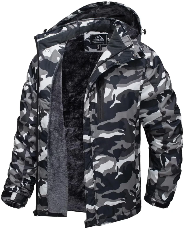 TACVASEN Men Waterproof Jackets Winter Outdoor Hiking Ski Warm Windproof Coat with Detachable Hood Black Camo,S