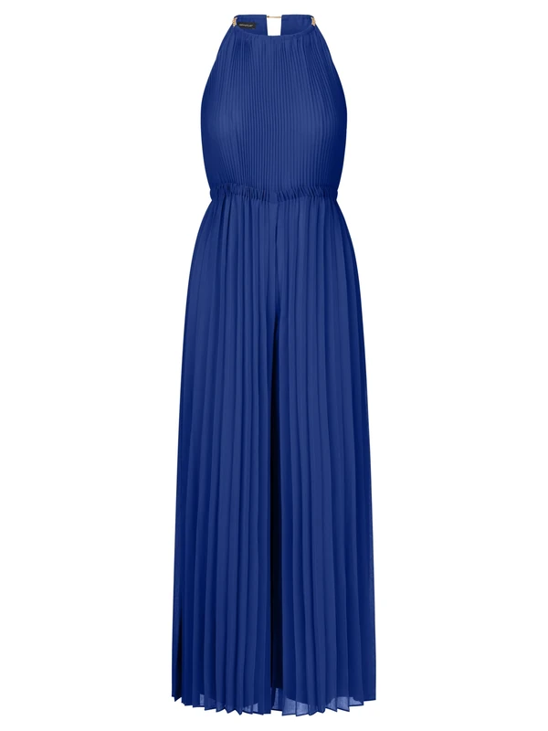 APART Fashion Women Pleated Jumpsuit Chiffon Halter Jumpsuit Wide Leg Elastic Waist Chain Strap Detail Evening Party Outfit Stylish Wedding Guest Dress Royal Blue