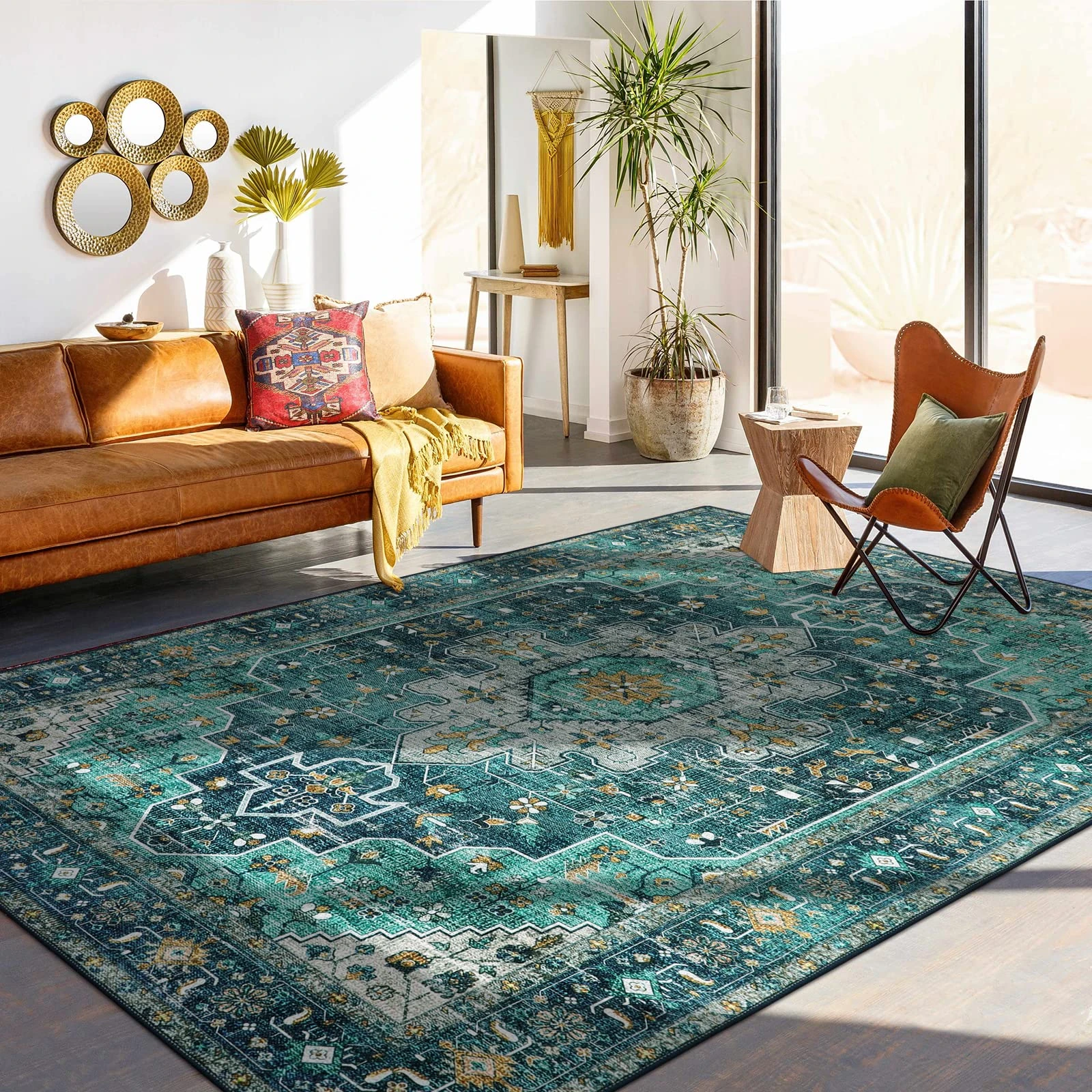 Moynesa Ultra-Thin Washable 10x14 Area Rugs for Living Room, Teal Large Living Room Rug Non Slip, Vintage Oriental Indoor Floor Carpet for Dining Room Table Dorm Home Office Decor
