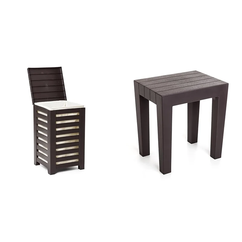 TATAY Lombok Clothes Basket, 55L Capacity, with Lid, Brown. + Rectangular stool made of brown textured polypropylene, with wood effect finish.