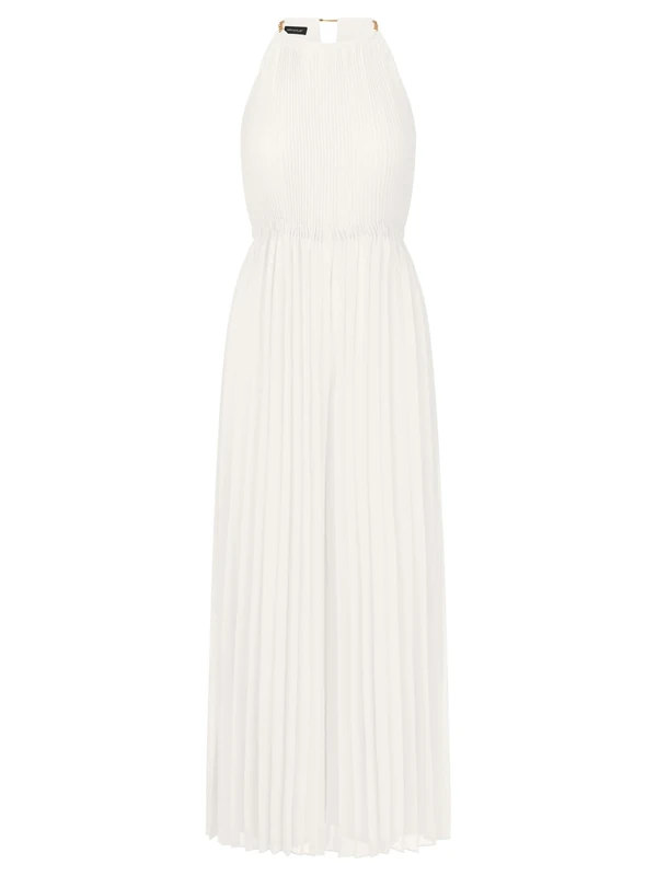 APART Fashion Women Pleated Jumpsuit Chiffon Halter Jumpsuit Wide Leg Elastic Waist Chain Strap Detail Evening Party Outfit Stylish Wedding Guest Dress Cream