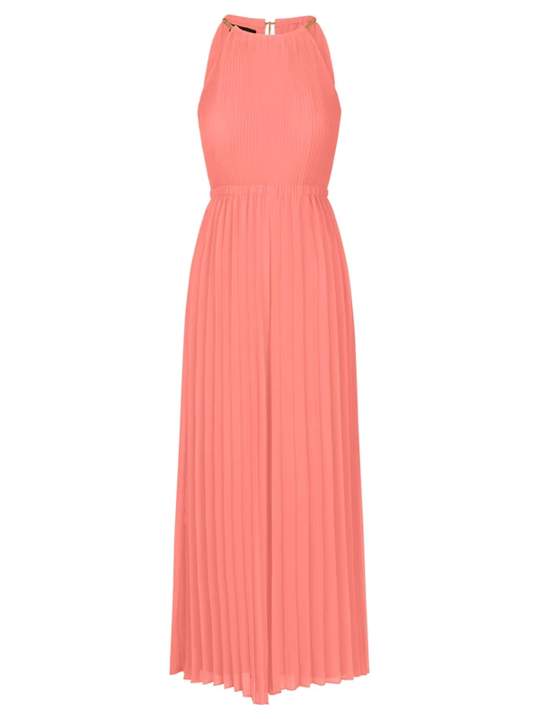 APART Fashion Women Pleated Jumpsuit Chiffon Halter Jumpsuit Wide Leg Elastic Waist Chain Strap Detail Evening Party Outfit Stylish Wedding Guest Dress Coral