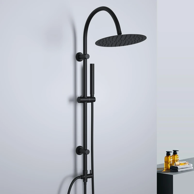 Görbach Stainless Steel Shower Column, Bathroom Wall Mounted Shower Set Without Taps with Round XL Shower Head D25 cm, Vintage U Shaped Shower Bar, Black