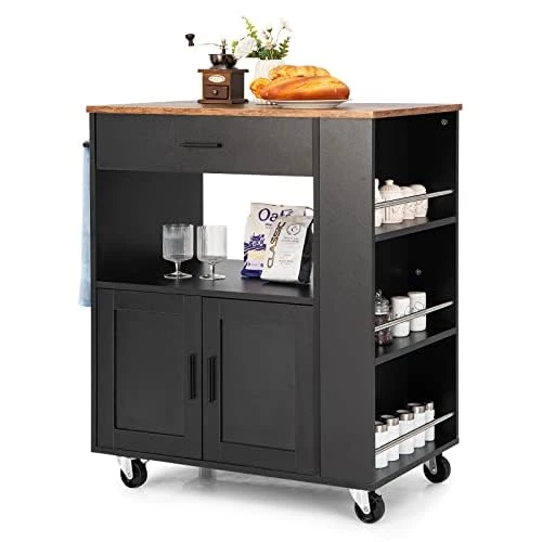 FANTASK Kitchen Island on Wheels, Serving Trolley with Worktop & Towel Holder & 3 Spice Racks & Drawer
