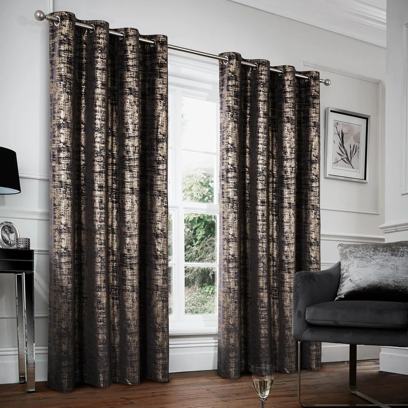always4u 100% Blackout Soft Velvet Curtains for Bedroom Living Room Thermal Energy Saving 108 Inches Long Luxury Gold Foil Print Drapes 2 Panels Black