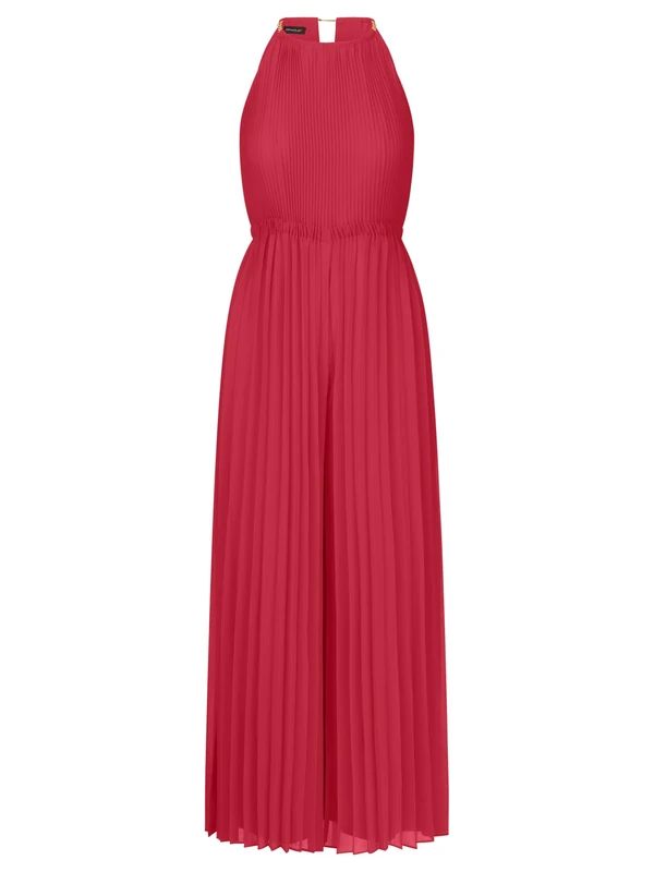 APART Fashion Women Pleated Jumpsuit Chiffon Halter Jumpsuit Wide Leg Elastic Waist Chain Strap Detail Evening Party Outfit Stylish Wedding Guest Dress