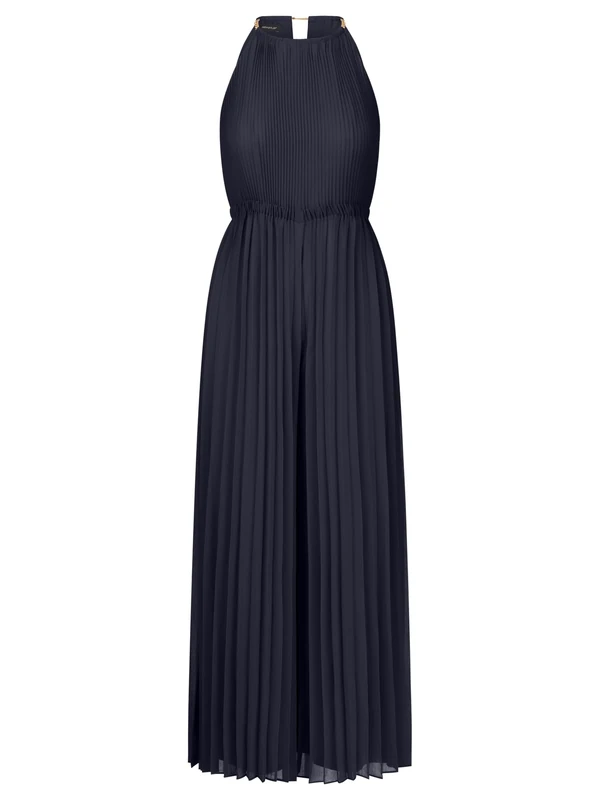 APART Fashion Women Pleated Jumpsuit Chiffon Halter Jumpsuit Wide Leg Elastic Waist Chain Strap Detail Evening Party Outfit Stylish Wedding Guest Dress Midnight Blue
