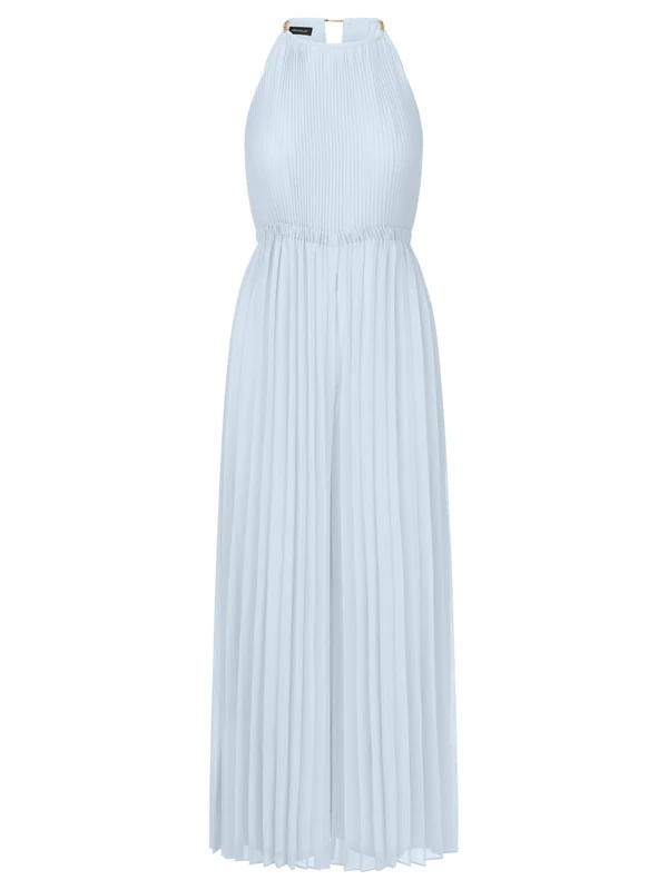 APART Fashion Women Pleated Jumpsuit Chiffon Halter Jumpsuit Wide Leg Elastic Waist Chain Strap Detail Evening Party Outfit Stylish Wedding Guest Dress Lightblue