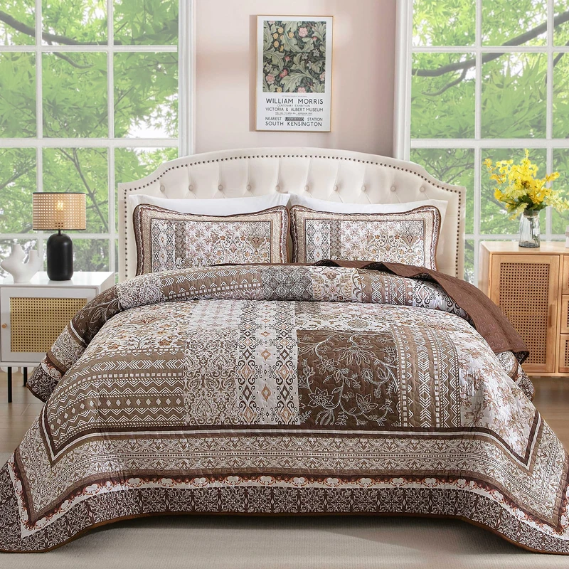 WONGS BEDDING Brown Quilt Set Queen Size,Bobo Floral Bedspread Coverlet Set,3 Pieces Bohemian Patchwork Floral Pattern Bedspreads Bedding Quilt Set for All Seasons (96"x90")