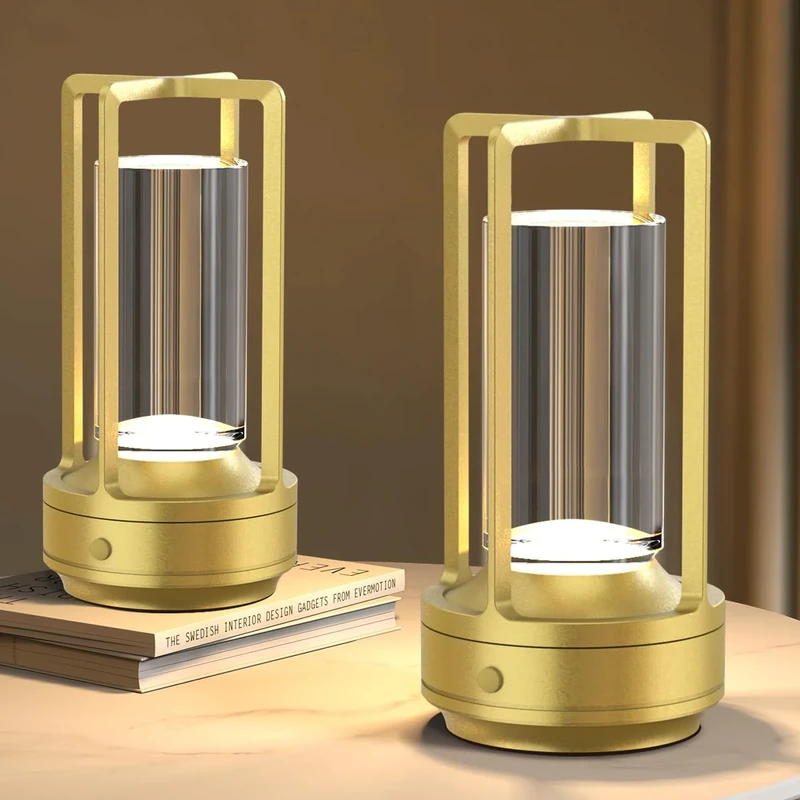 Hapfish 2 Pack Battery Operated Table Lamp for Indoor/Outdoor, Rechargeable Cordless Table Lamp, 3 Color Modes Dimmable, Small LED Battery Powered Crystal Lamps for Living Room/Bedroom - Gold