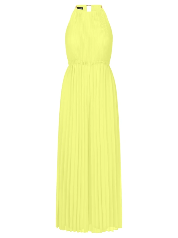 APART Fashion Women Pleated Jumpsuit Chiffon Halter Jumpsuit Wide Leg Elastic Waist Chain Strap Detail Evening Party Outfit Stylish Wedding Guest Dress Vanilla