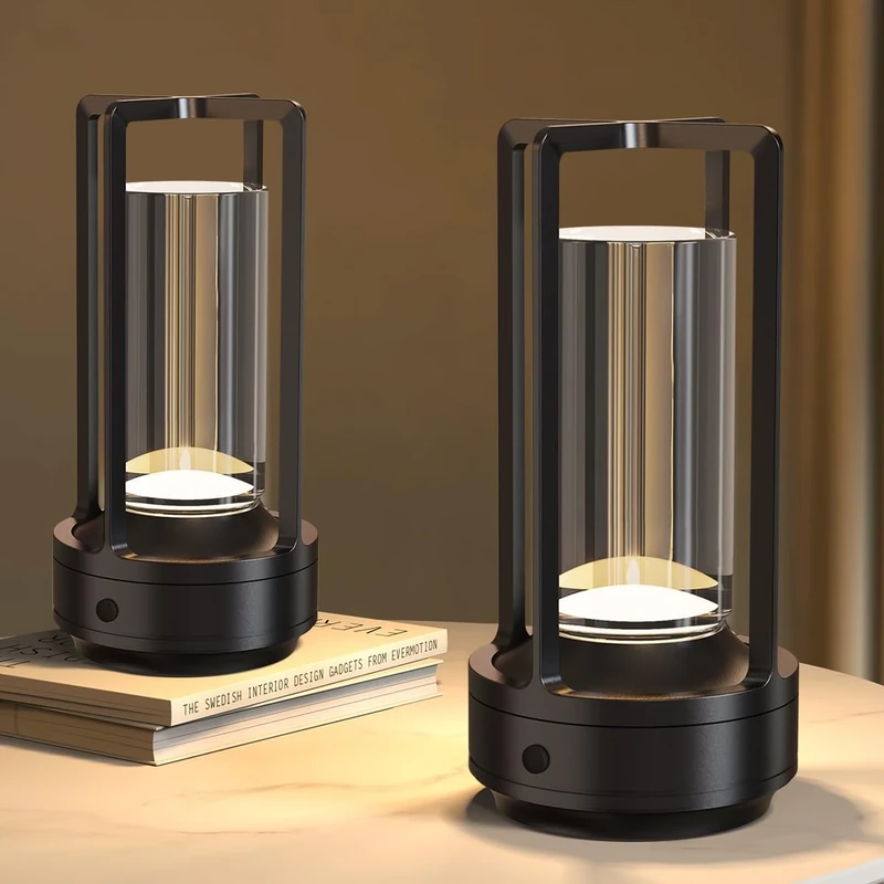 Hapfish 2 Pack Battery Operated Table Lamp for Indoor/Outdoor, Rechargeable Cordless Table Lamp, 3 Color Modes Dimmable, Small LED Battery Powered Crystal Lamps for Living Room/Bedroom - Black