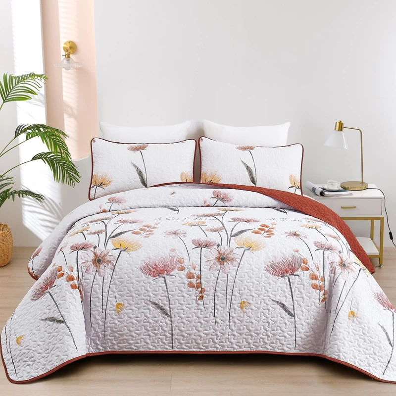 Dinjoy Floral Quilt Set California King Size,Orange Bedspread Farmhouse Bedding Set Soft Lightweight Summer Quilts 3 Piece White Oversized Bedspreads Flower Bed Sets (Cal King,112"x96")