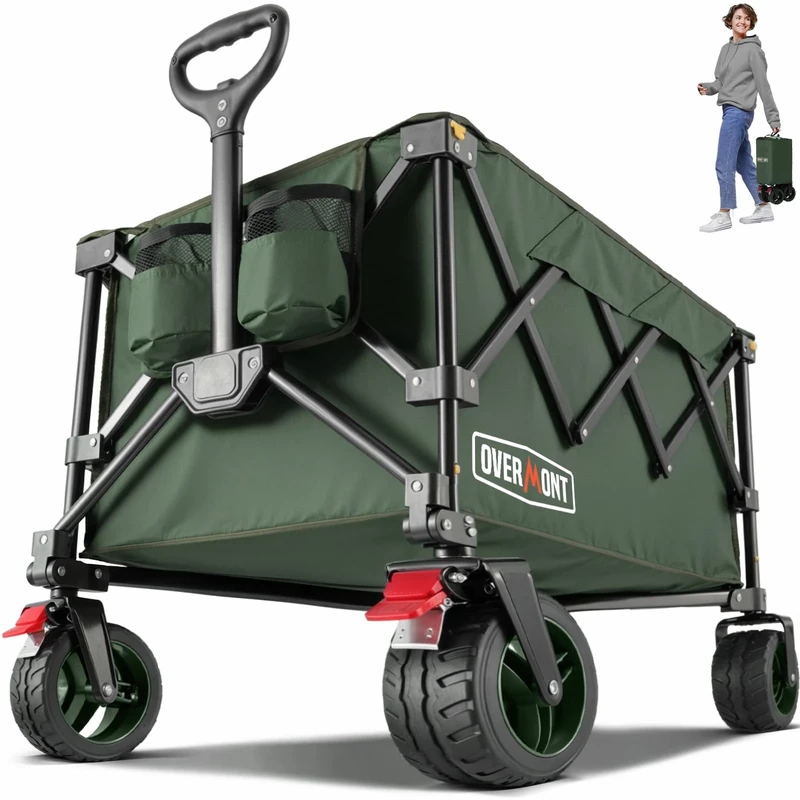 Overmont 200L Folding Festival Trolley on Wheels – 150kg heavy duty Portable Camping Cart, beach wagon with Adjustable Handle & Wide Wheels for Garden, Picnic, Outdoor, Fishing, Shopping – Green