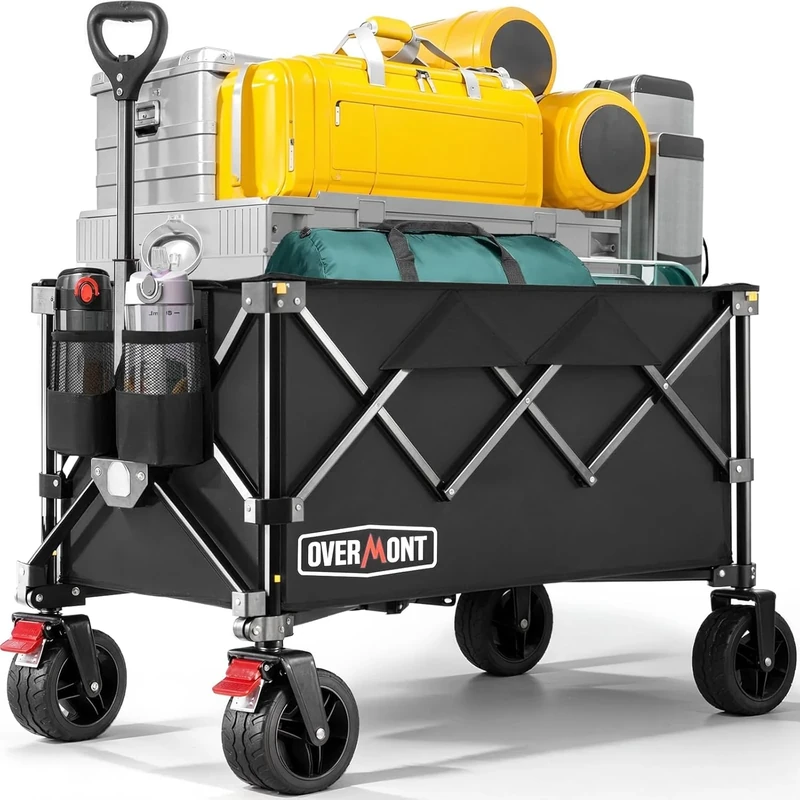 Overmont 200L Folding Festival Trolley on Wheels – 150kg heavy duty Portable Camping Cart, beach wagon with Adjustable Handle & Wide Wheels for Garden, Picnic, Outdoor, Fishing, Shopping – Black