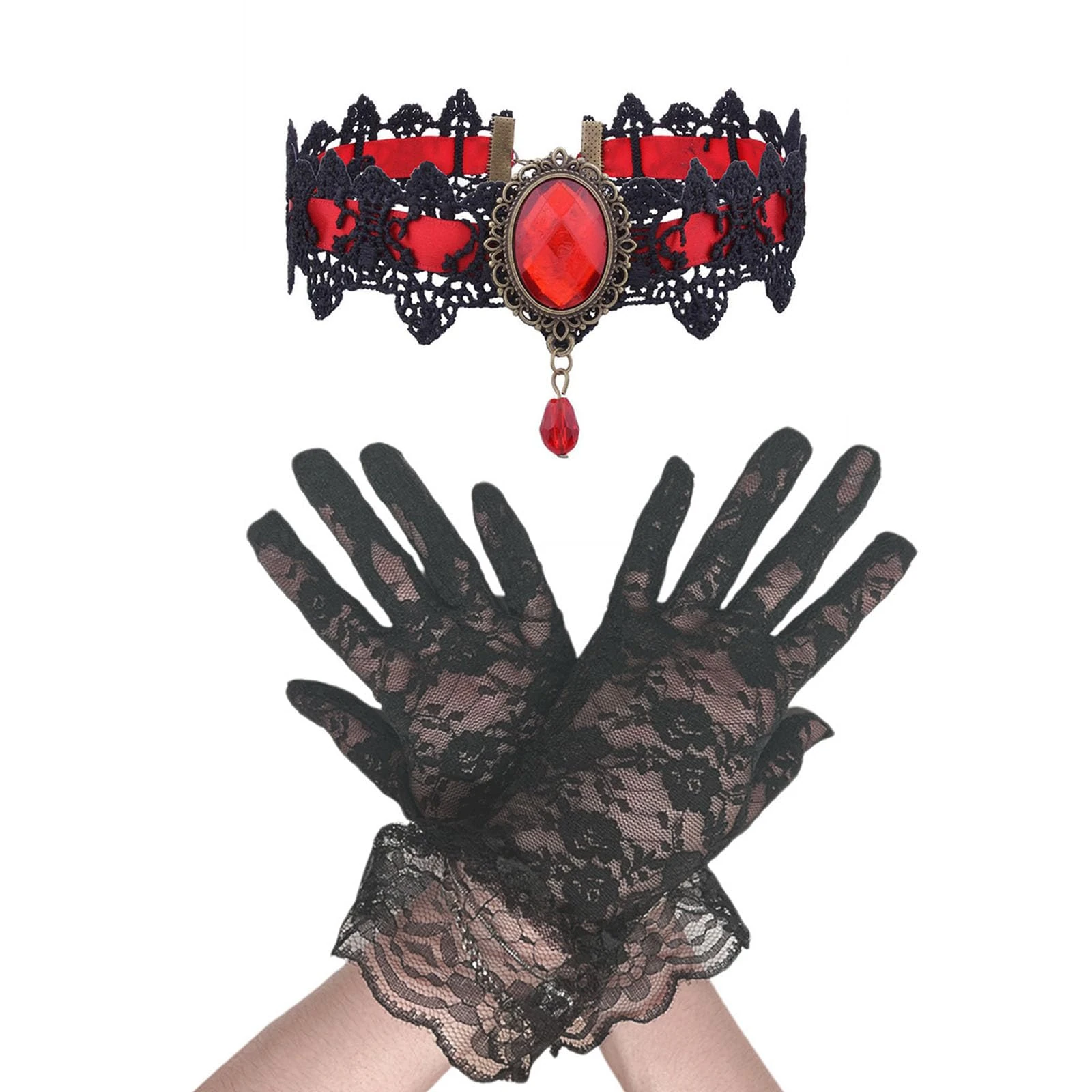 GWAWG Gothic Black Lace Necklace Collar,Vampire Choker,Halloween Choker,with Lace Gloves(Red)