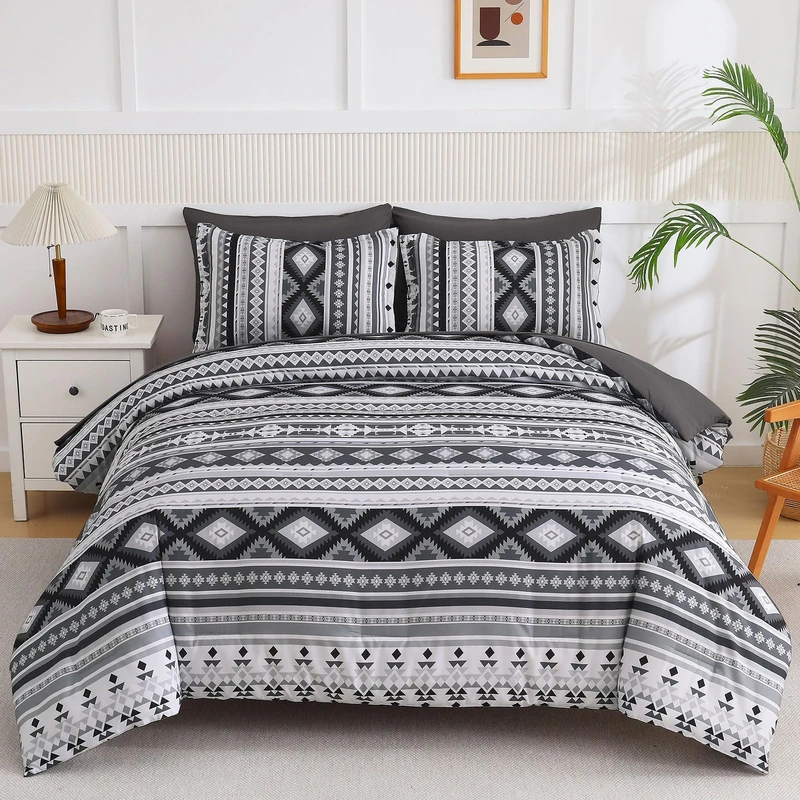 Dinjoy King Size Comforter Set Boho,Dark Gray Bedding Set Stripes 7 Pieces Bed in A Bag Aztec Comforters Black Complete Set Mens Western Bed Sets for Fall Winter 90"×104"