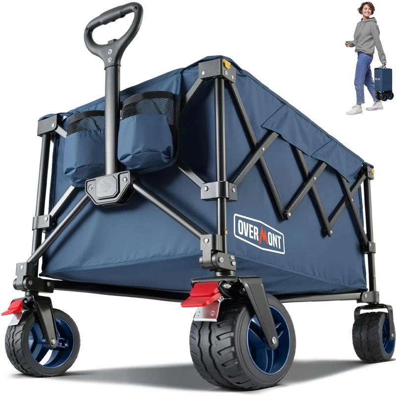Overmont 200L Folding Festival Trolley on Wheels – 150kg heavy duty Portable Camping Cart, beach wagon with Adjustable Handle & Wide Wheels for Garden, Picnic, Outdoor, Fishing, Shopping –Blue