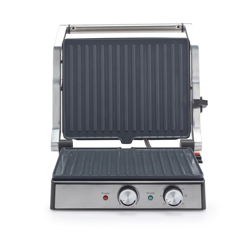 Salter Large Electric Health Grill – Ceramic Plates Open Flat for Extra Space, PFAS-Free, Stainless Steel Sandwich Toaster & Panini Press, Excess Oil Tray for Meat, Adjustable Temperature, 2000W