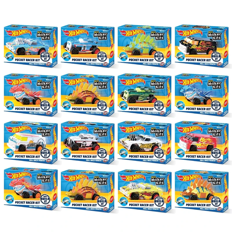 BLADEZ Hot Wheels Pocket Racer - Build & Race Pull Back Toy Cars - Easy Snap-Fit Assembly with Turbo Motors - Compatible with Track - 16 Pack, Boys Toys, Kids Toys - Mini Maker Kitz Toyz