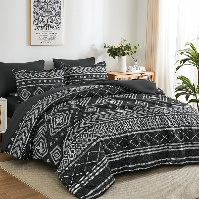 Yiran King Size Comforter Set, 7 Pieces Boho Bed in a Bag, Black Bedding Set for All Seasons, Lightweight Comforter Bed Set with Sheets, Pillowcases & Shams