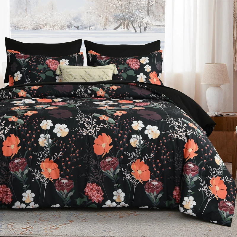Yiran Black Red Floral Comforter Set Queen Size, 7 Piece Comforter Bedding Set, Colorful Farmhouse Bed in a Bag, Soft Microfiber Dark Flower Complete Sets with Sheets for All Season