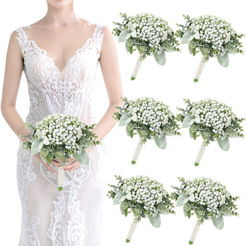 Wedding Artificial Bridesmaids Bouquets Set of 6- Faux Babys Breath White Fake Gypsophila Bouquet for Bridesmaid, Real Touch Small Bouquet for Bridesmaids Wedding Bridal Shower Centerpieces - 7 Inch