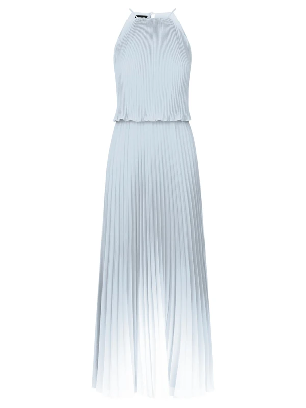 APART Fashion Women's Langes Plisseekleid Dress, Light Blue-Multicoloured, 10