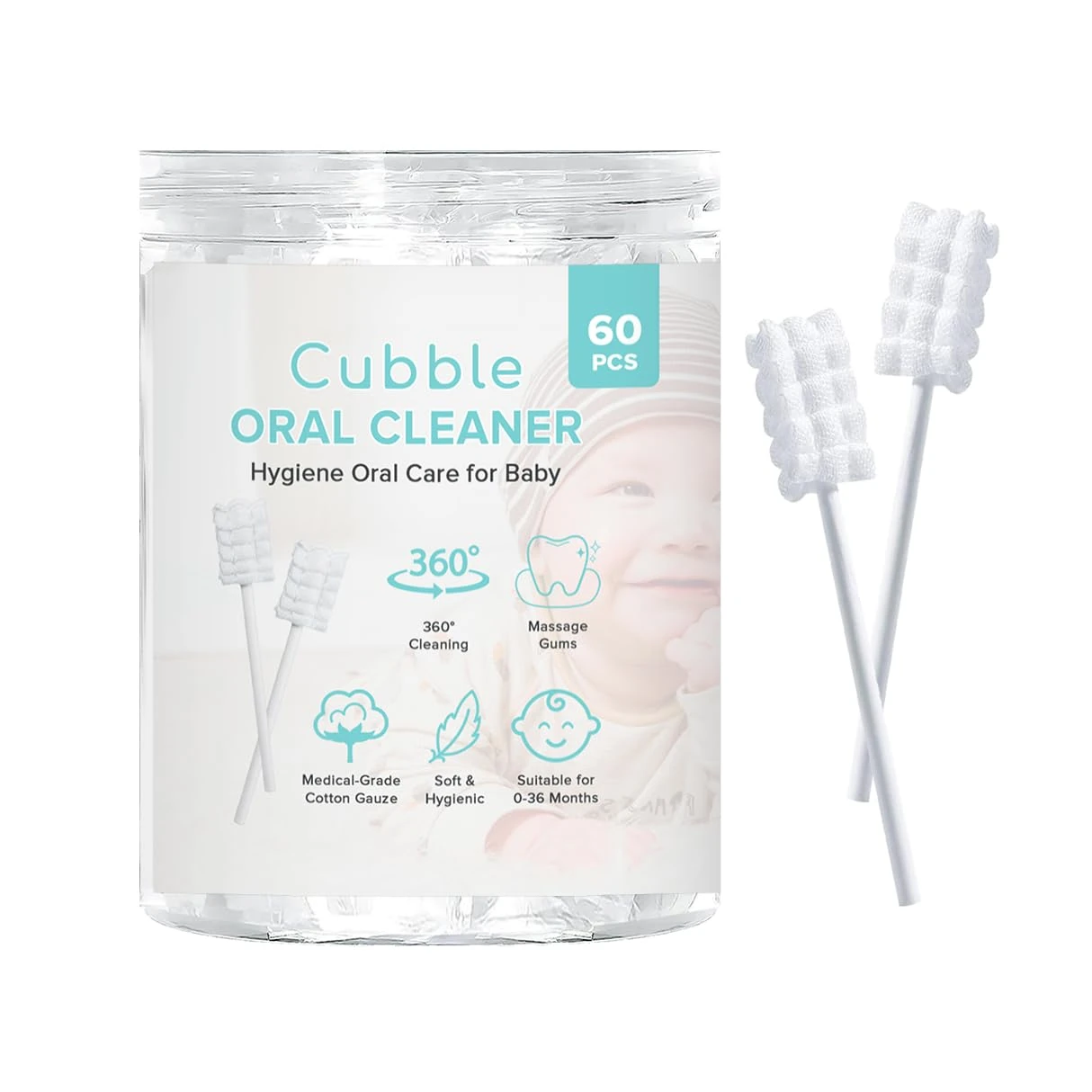 60pcs Cubble Disposable Baby Oral Cleaner, Gum and Tongue Cleaner for Newborns, Gauze Toothbrush Swabs for Infants 0-36M, Baby Dental Care Essentials