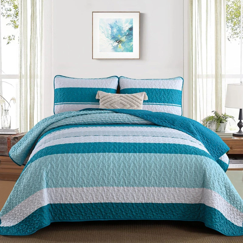 Dinjoy Boho Teal Striped California King Quilt Set - 3 Piece