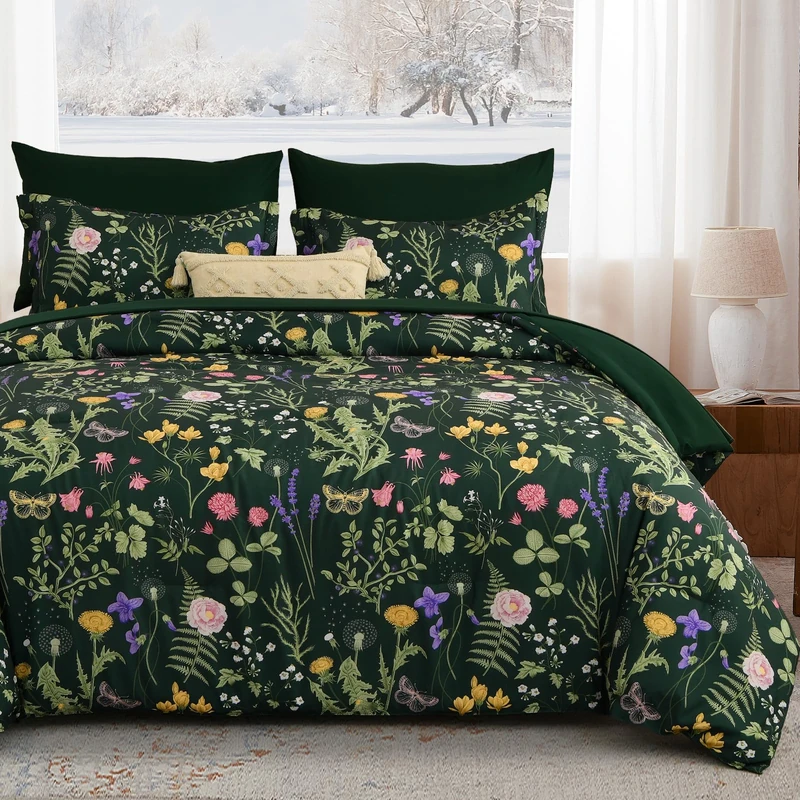Yiran King Size Comforter Set 7 Piece, Dark Green Floral Bedding Set, Bed in a Bag King with Botanical Flowers Pattern, Soft Microfiber Complete Bedding Set with Sheets for All Season