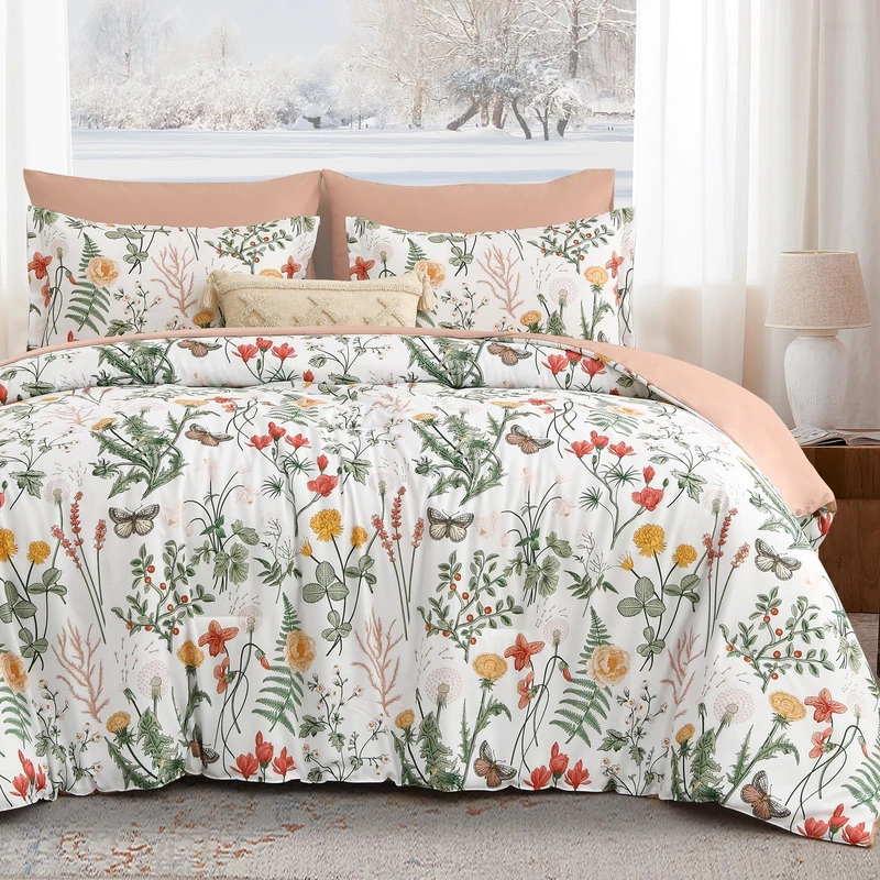 Yiran 7 Piece Floral Comforter Set Queen Size, White Green Comforter Bedding Set, Botanical Bed in a Bag with Flowers Pattern, Soft Microfiber Complete Bedding Set with Sheets for All Season
