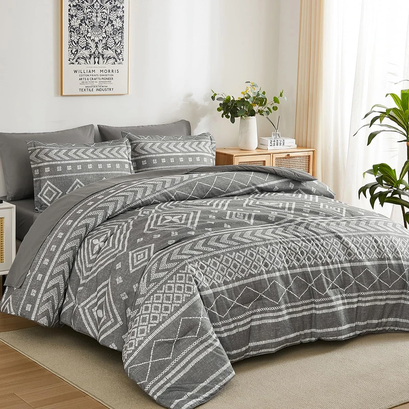 Yiran Boho Comforter Set King Size, Grey Comforter Bedding Set, 7 Piece Bed in a Bag, Soft Microfiber Bohemian Striped Complete Bedding Set with Sheets for All Season