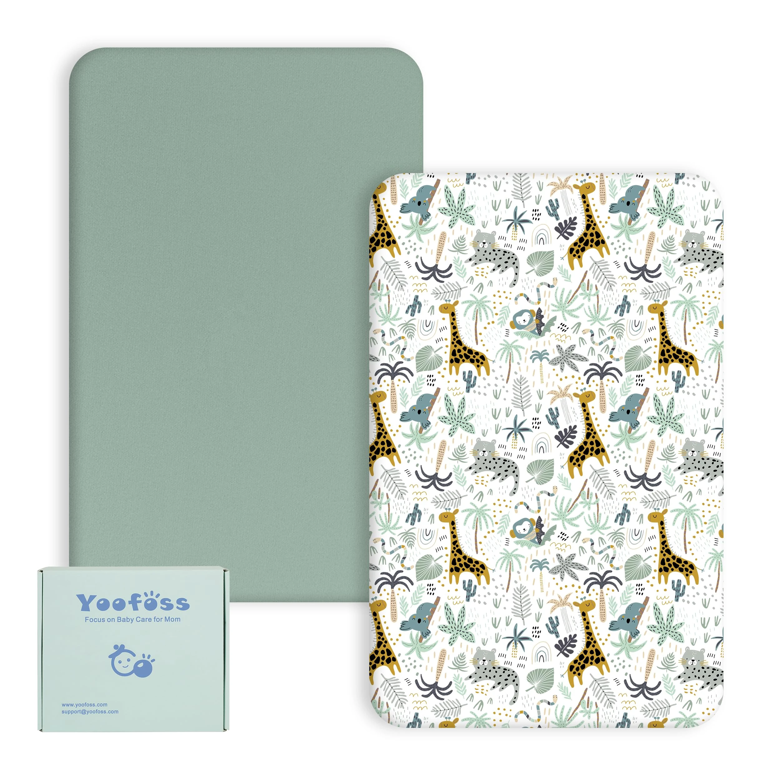 Yoofoss Cozy & Breathable Travel Cot Mattress Sheets - 95 x 65cm Fitted Sheet 2 Pack Green Giraffes