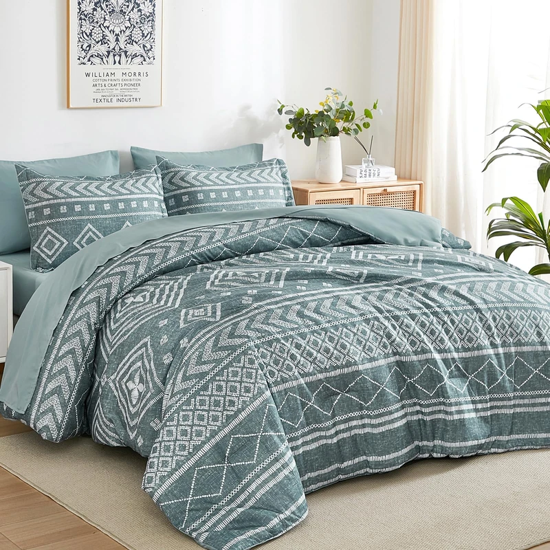Yiran Boho Comforter Set Queen Size, Grayish Blue Comforter Bedding Set, 7 Piece Bed in a Bag, Soft Microfiber Bohemian Striped Complete Bedding Set with Sheets for All Season