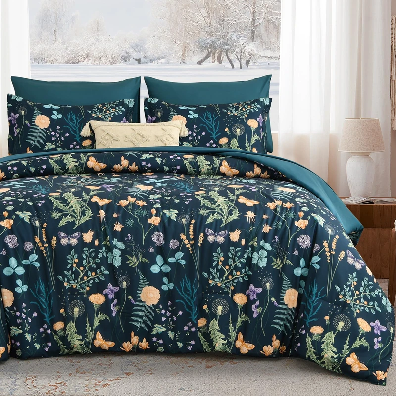 Yiran King Size Comforter Set 7 Pieces, Peacock Blue Botanical Floral Comforter Bedding Set, Lightweight Bed in a Bag King, Soft Microfiber Complete Bedding Set with Sheets for All Season