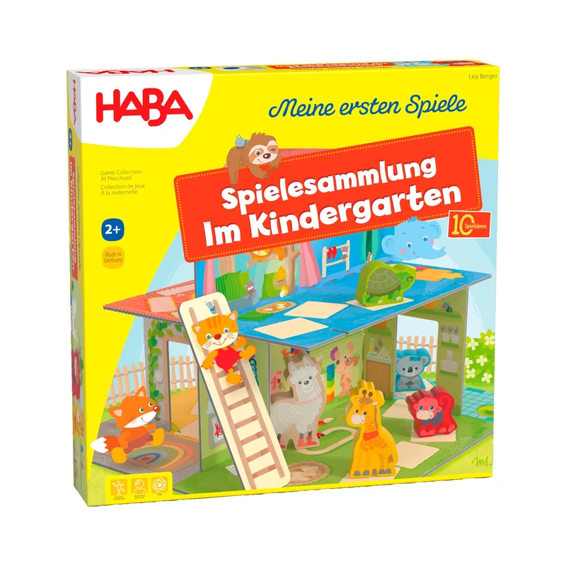 HABA Im Kindergarten Game Collection - 10 Varied Game Ideas - Large 3D Playhouse with 5 Wooden Figures - From 2 Years - Item Number 2011718001