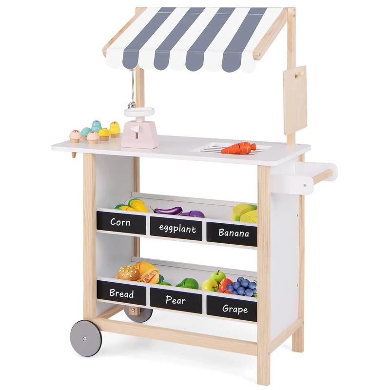 GYMAX Wooden Ice Cream Cart, Kids Pretend Play Grocery Store (Grey+White)